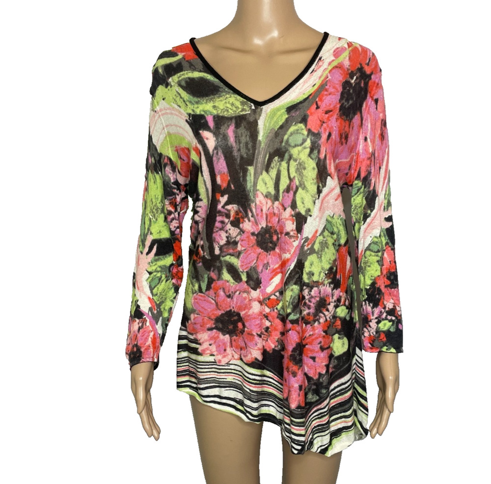 Women XL Nic & Zoe Floral Print Asymmetrical V-Neck Linen Blend Pullover Sweater